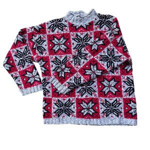 Vtg‎ Nordic Sweater Snowflake Check Plaid Gray Red Black Cotton Winter Size L
